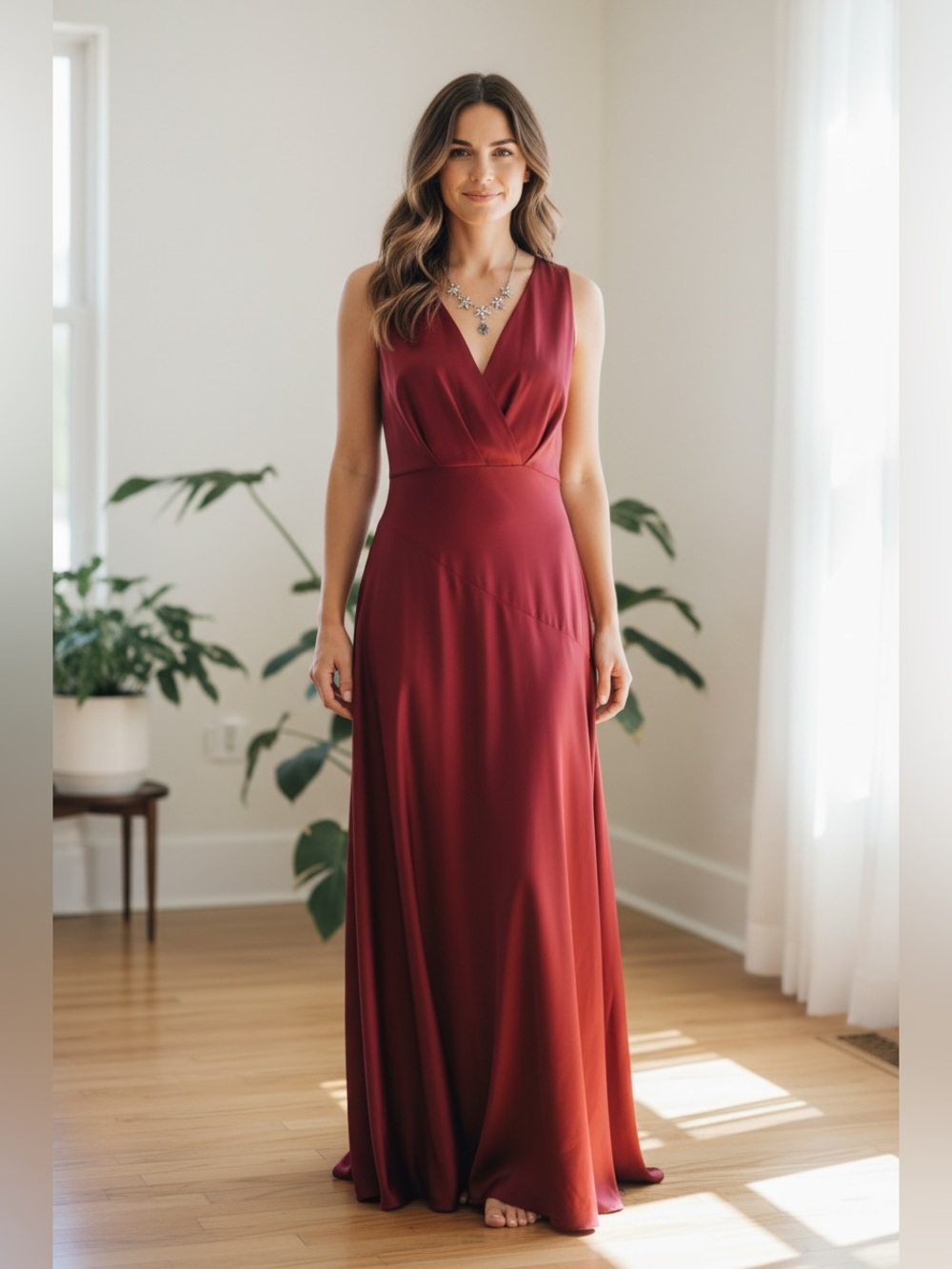 Forever 21 Ruby Red Satin Sleeveless V-Neck Maxi Dress Gown